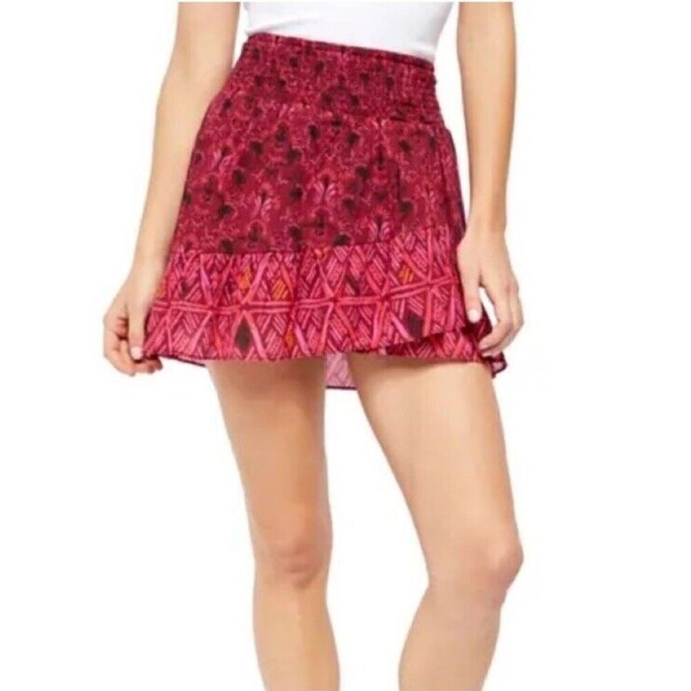 Free People Cotton Mini Skirt Ruffle Riviera Red Boho Colorful Print Wmns Sz XS